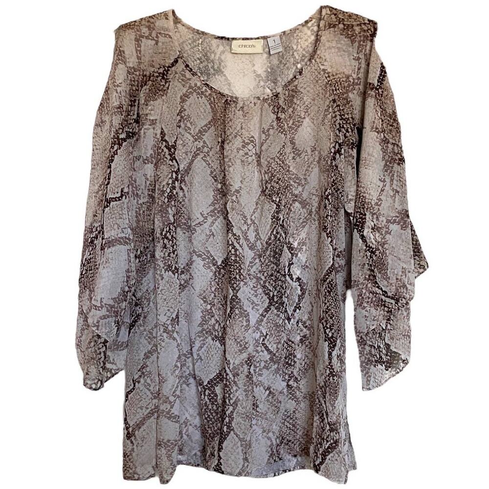 Chicos Women's Size 1 (M/8) Tan Cream Snakeskin Sheer Slit Sleeve Blouse Top